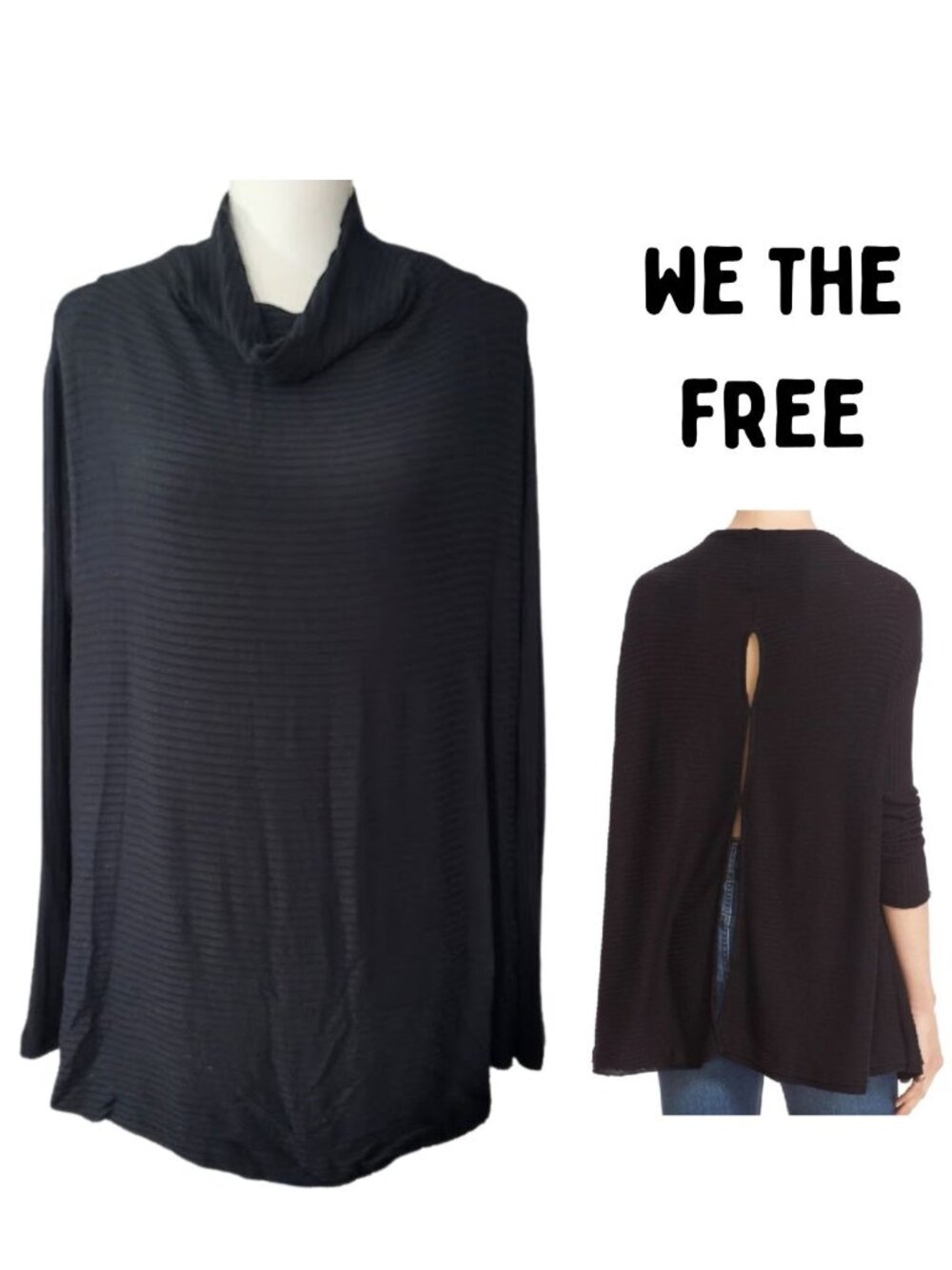 WE THE FREE Free People Black Ribbed Split-Back Cowl Neck Top - Women's Size M